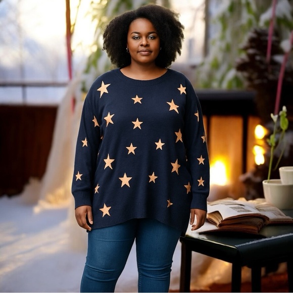 Como Vintage Black Pullover Star Design Sweater NWT Plus Sizes - Picture 1 of 13
